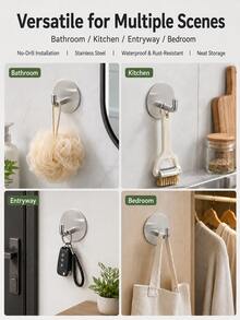 2+2 PCS Stainless Steel Razor Holder Wall Mount & Utility Hooks, No Drill Self Adhesive Waterproof Shaver Holder For Bathroom Shower, Space Saving Hooks For Razor, Bath Sponge, Towels, Keys And Accessories - Silver - View 4