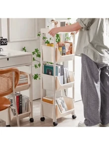 4-Tier Rolling Storage Rack - White Plastic Multi-Layer Organizer With Wheels, Suitable For Kitchen, Living Room, Bedroom Or Dorm - Perfect For Storing Books, Tableware And Produce, Vertical Shelf - Multicolor - View 3