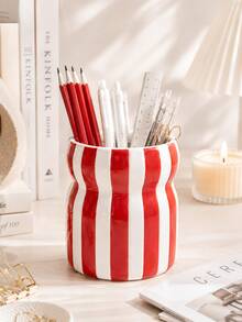 1pc Large Capacity Ins Style Striped Pen Holder, Wavy Desktop Organizer, Multifunctional Makeup Brush Storage Cup, Multicolor Desk Decor For Home Office - Waist-cinching Striped Storage - View 5