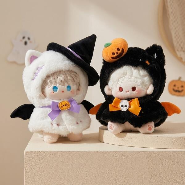 20cm 1 Set Halloween Doll Clothes Costume With Plush Cat Hood, Bat Wings And Bow Detail, Witch Or Pumpkin Style Outfit For Cotton Dolls, Halloween Party Gift, Clothes Only (Doll Not Included)