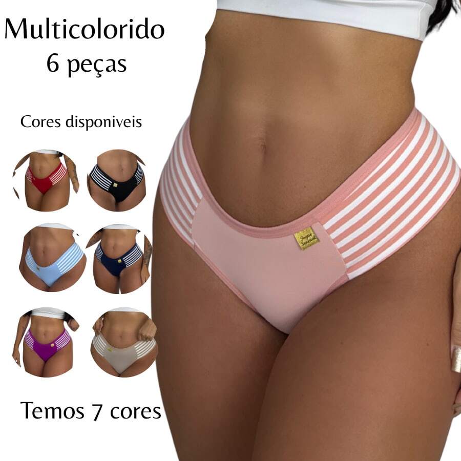 6 Calcinhas Femininas Elástico na Lateral Ajustável Casual Anatômica - Multicolorido - Visão 1
