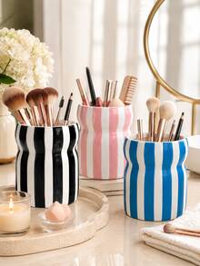 1pc Large Capacity Striped Makeup Brush Holder, Wavy Cosmetic Pen Cup, Multicolor Desktop Storage Organizer For Vanity Bathroom, Big Capacity Table Container Home Decor Gift - Waist-cinching Striped Storage - View 3