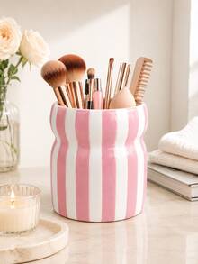 1pc Large Capacity Striped Makeup Brush Holder, Wavy Cosmetic Pen Cup, Multicolor Desktop Storage Organizer For Vanity Bathroom, Big Capacity Table Container Home Decor Gift - Waist-cinching Striped Storage - View 6