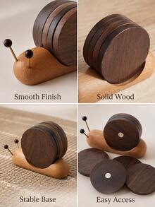 5Pcs Round Wooden Coasters With Snail-Shaped Holder, Rustic Wood Drink Coaster Set, Stackable Cup Mats For Coffee Tea Mugs, Farmhouse Living Room Home Decor, Coffee Table Accessories, Kitchen Decor, Housewarming & Christmas Gift - Multicolor - View 7