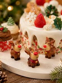 Christmas Mini Reindeer Figurine Set, Cute Red Nose Deer Desktop Decor, Winter Snow Scene Fireplace Mantel, Desk, Gift Box, Terrarium, Holiday Party, Home And Christmas Village Decoration - Multicolor - View 2
