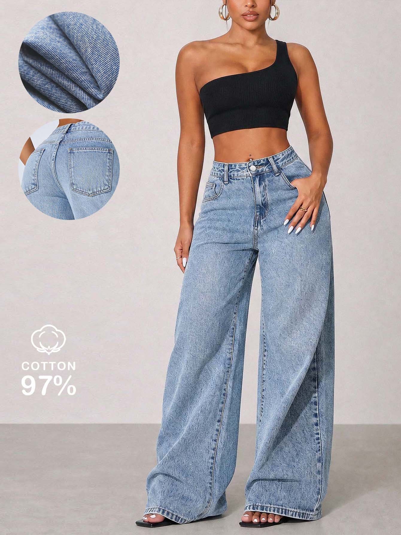 Low-Waist Wide-Leg Casual Blue Jeans With Slant Pockets, Summer Clothing Spring, Y2K Aesthetic Fall - Blue - View 1