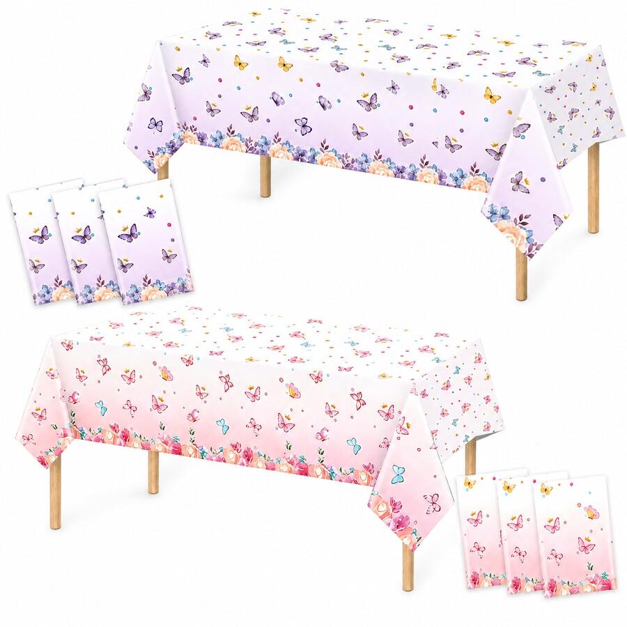 Butterfly Floral Party Tablecloth Pink+Purple Gradient Disposable Rectangular Tablecloth 130*220cm Dreamy Butterfly Birthday Party Wedding Baby Shower Girls Birthday Table Decor - Multicolor - View 1