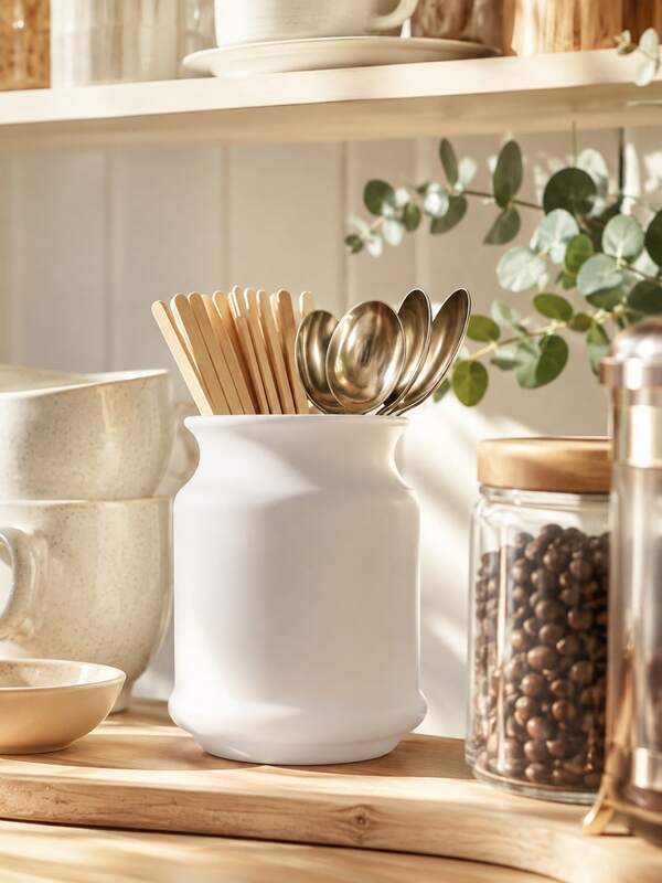 1pc White Kitchen Utensil Holder, Resin Cutlery Organizer Crock For Spoons, Forks, Chopsticks And Cooking Tools, Modern Minimalist Countertop Storage Container For Kitchen, Coffee Bar, Dining Room, Home Decor And Housewarming Gift