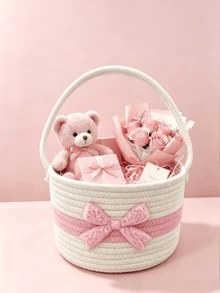 1pc Pink Bow Foldable Storage Basket With Handle, Convenient Storage Bin For Home Dorm Room Organization, Perfect Gift Bouquet Holder Container - Multicolor - View 6