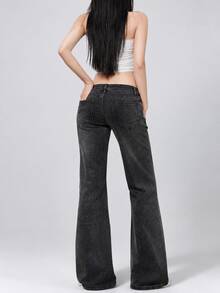 YEAE | Celana Jeans Gaya Amerika Hot Girl Pinggang Rendah Kaki Lebar Model Flare Celana Denim Elastis Ramping Warna Polos Kasual Musim Gugur - Dark Grey - View 3