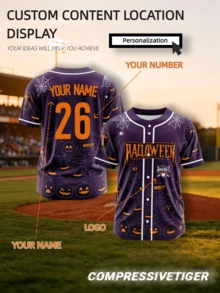Custom Purple Pumpkin Spider Web Halloween Baseball Jersey, Deep Purple Base Color, Covered With Pumpkin Head, Spider Web, Ghost Classic Halloween Print, Front And Back Can Be Customized With Information, Replace Exclusive Name And Number, Customizable Team Logo, Comfortable Fabric, Suitable For Baseball Competition, Halloween Party, Team Training, Daily Wear, 2026 Baseball - Purple - View 1