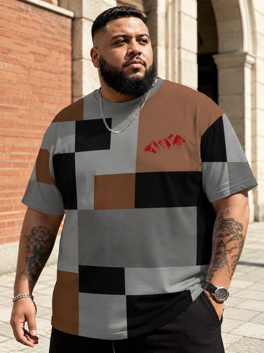 Plus Size Men's Geometric Patchwork Short Sleeve T-Shirt | Brown, Black, BIG&TALL Loose Top Sports - Multicolor - View 1