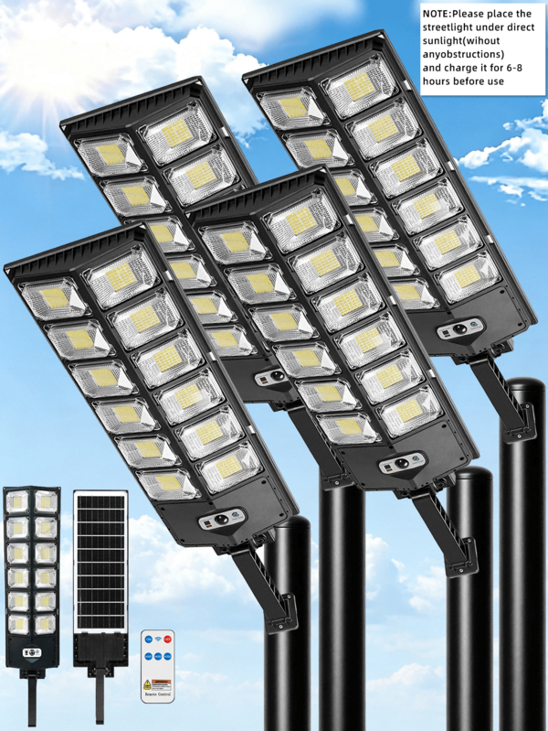 4/2/1 pieza Farola solar exterior de 504 LED, con sensor de luz, 3 modos de iluminación (foco), control remoto/sin control remoto opcional, doble hilera solar 6 en 1, gran angular, 100000 lúmenes, 6500 K, decoración navideña, iluminación de Halloween, decoración de jardín, camping al aire libre, alumbrado público esencial, adecuada para decoración de Halloween/Navidad/Acción de Gracias/habitaciones/hogar/exteriores/pared/jardín.