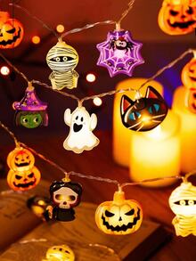 1pc Halloween Combination LED String Lights, Battery Powered, 10/20 LED Beads, Pumpkin, Ghost, Witch, Mummy And Spider Web 8 Shapes, Suitable For Bedroom, Living Room, Door & Window, Party Decoration - Multicolor - View 2