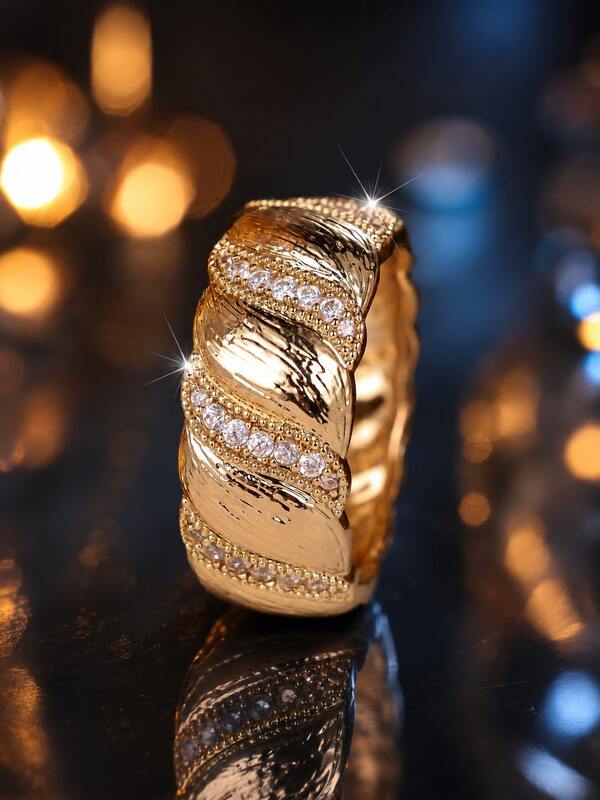 3-Row Ring With Twisted Wave Pattern, Inlaid With Transparent Cubic Zirconia, Closely Arranged Design, Suitable For Daily Wear