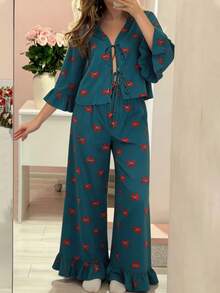 Women's 2pcs Bow Print Tie-Front Ruffle Top & Wide Leg Pants Lounge Set, Vintage Bell Sleeve Loose Pajama Set - Multicolor - View 3