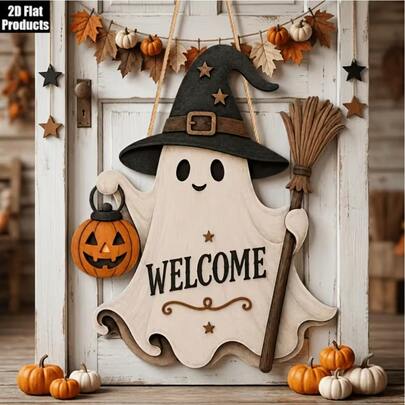 Placa de Porta de Halloween em Madeira 2D Plana, 1 Peça, Fantasma de Boas-Vindas para Pendurar na Porta, Placa Fofa de Fantasma de Halloween com Decoração de Chapéu de Bruxa, Design com Vassoura e Lanterna de Abóbora, Decoração de Feriado