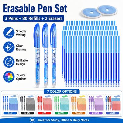 85-Piece Erasable Gel Pen Set, 3 Refillable Erasable Pens With 80 Replacement Refills And 2 Erasers, Smooth Writing Pens For Students, School, Office, Homework, Note Taking, Journaling, Planning And Everyday Writing