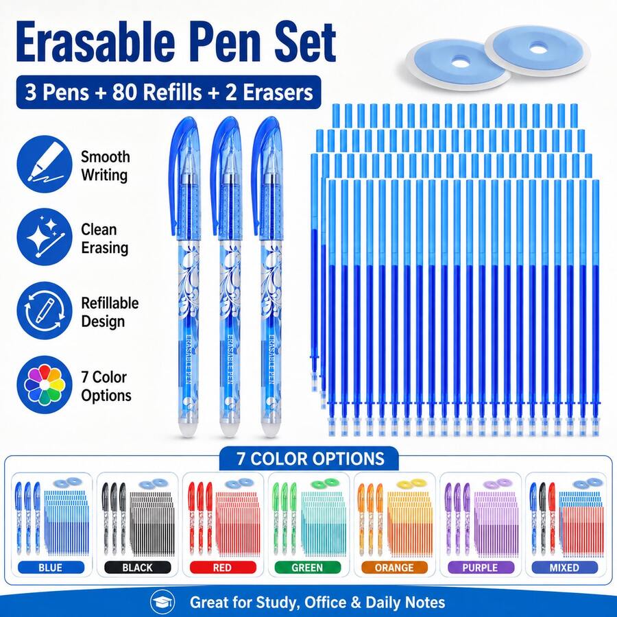 85-Piece Erasable Gel Pen Set, 3 Refillable Erasable Pens With 80 Replacement Refills And 2 Erasers, Smooth Writing Pens For Students, School, Office, Homework, Note Taking, Journaling, Planning And Everyday Writing