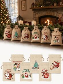 8pcs Drawstring Linen Christmas Gift Bags, Santa Claus, Reindeer And Snowflake Patterns, Reusable Holiday Party Gift Bags, Suitable For Christmas, New Year Party Gift Supplies, Gift Wrapping Bags, Merry Christmas - Christmas Burlap Bag - View 2