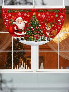 Christmas Santa Claus Reindeer Half-Circle Porch Banner, Christmas Tree Gift Snowflake Hanging Flag, Christmas Window Railing Decoration, Suitable For Front Porch Door Indoor Outdoor Holiday Home Party Decor - E - View 6