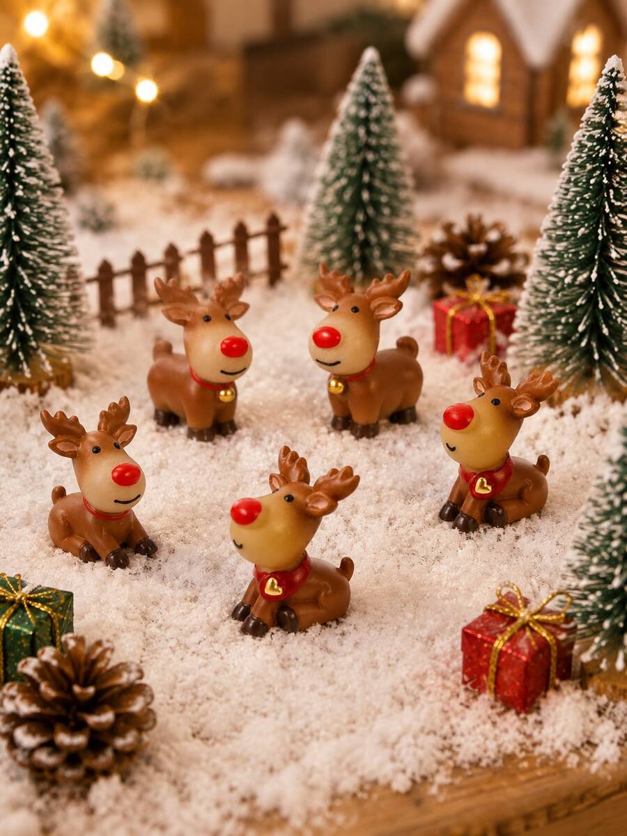 Christmas Mini Reindeer Figurine Set, Cute Red Nose Deer Desktop Decor, Winter Snow Scene Fireplace Mantel, Desk, Gift Box, Terrarium, Holiday Party, Home And Christmas Village Decoration - Multicolor - View 1