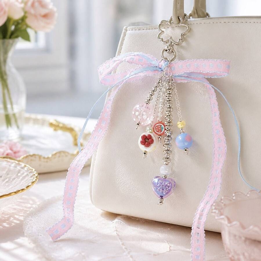 1pc Daily Pastel Beaded Bag Charm, Pink And Blue Ribbon With Fruit, Suitable For Daily Use - Multicolor - View 1