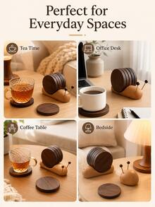 5Pcs Round Wooden Coasters With Snail-Shaped Holder, Rustic Wood Drink Coaster Set, Stackable Cup Mats For Coffee Tea Mugs, Farmhouse Living Room Home Decor, Coffee Table Accessories, Kitchen Decor, Housewarming & Christmas Gift - Multicolor - View 8