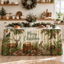 Taplak Meja Natal Klasik, Taplak Meja Tema Rusa Hutan Pedesaan dengan Tulisan Selamat Natal, Motif Ranting Pinus, Daun Holly, dan Buah Beri, Taplak Meja Poliester, Dekorasi Rumah untuk Pesta Makan Malam Liburan - A - View 7