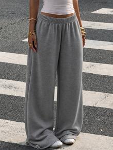 JustMiss Women's Knitted Sweatpants Straight Leg Casual Daily Elastic Waist Drawstring Cuffed Hem Minimalist Commute Long Pants Autumn/Winter - Dark Grey - View 3