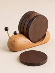 5Pcs Round Wooden Coasters With Snail-Shaped Holder, Rustic Wood Drink Coaster Set, Stackable Cup Mats For Coffee Tea Mugs, Farmhouse Living Room Home Decor, Coffee Table Accessories, Kitchen Decor, Housewarming & Christmas Gift - Multicolor - View 11