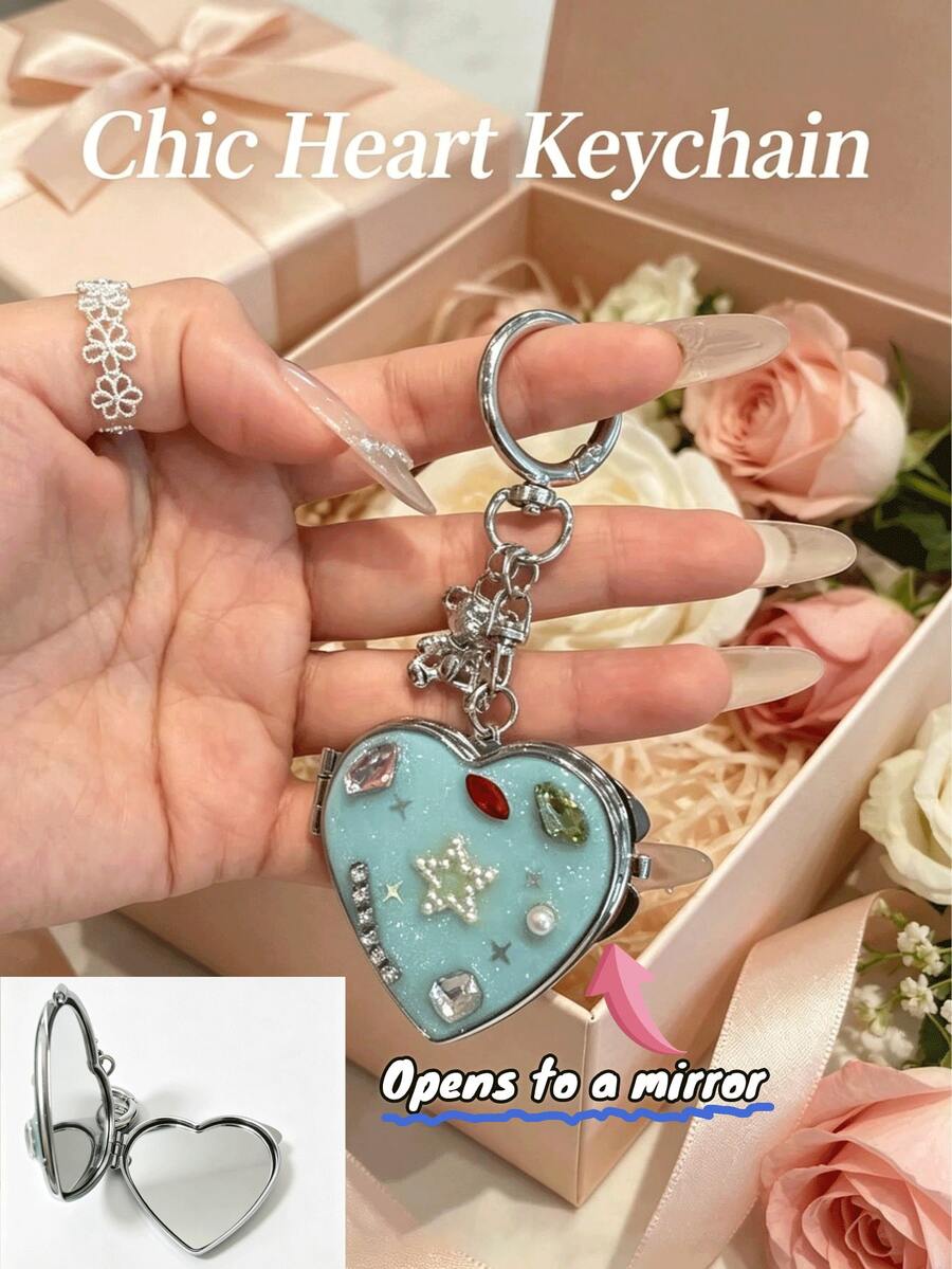 1PC Blue Heart Bow Keychains With Mirror, Double-Sided Compact Mirror Pendant For Bag Purse, Cute High-End Bag Charm, 2026 New Arrival Gift For Women - Multicolor - View 1