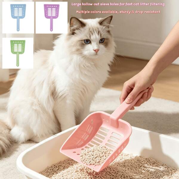 1PC- Multi‑Color Perforated Plastic Cat Litter Scoop, Long Handle With Sieve Holes For Quick Litter Filtering. Anti‑Stick Design With Hanging Hole For Easy Storage, Made Of Sturdy Plastic, Cat Litter Box Cleaning Tool, Multi‑Color Pet Supply