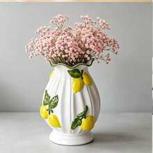 1pc 3D Lemon Embossed Ceramic Vase, White Wavy Edge, Decorative Vase, Home Tabletop Centerpiece - Multi-color - View 12