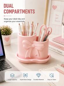 Multifunctional Round Bowknot Storage Bucket, Cute Desktop Organizer, Suitable For Stationery, Cosmetics, Pens And School Supplies, Portable Pen Holder Container, Perfect Gift For Students' Birthday And Back To School - Pen Holder - View 2