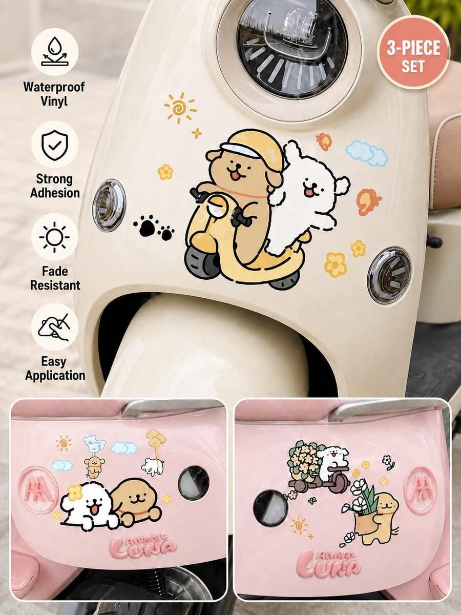 1 Set Line Art Puppy Electric Scooter Stickers, Cute Cartoon Maltese & Golden Retriever, Waterproof & Sun-Proof Body Decals For Yadea, Aima, Tailing Motorcycle, Scratch Cover Decorative Stickers - Motorcycle Cartoon Stickers - View 1