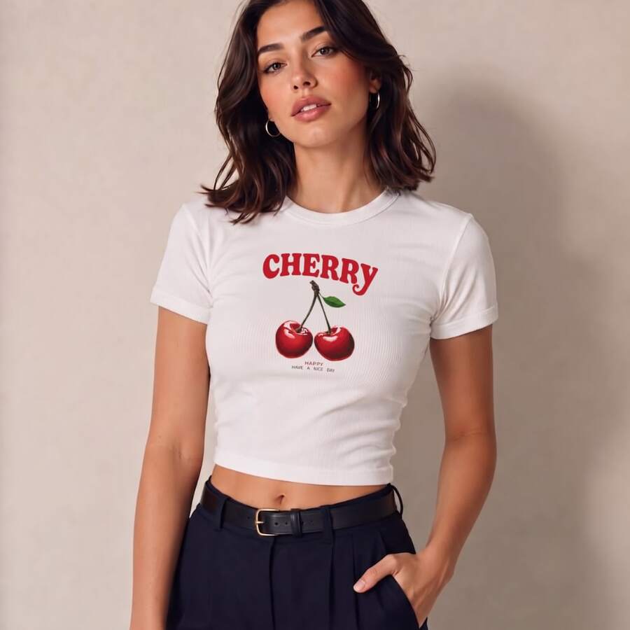 Blusa Feminina Baby Tee T-shirt Ribana Estampa Y2k Basica Confortavel Dia A Dia Slim Verão Cherry - Branco - Visão 1