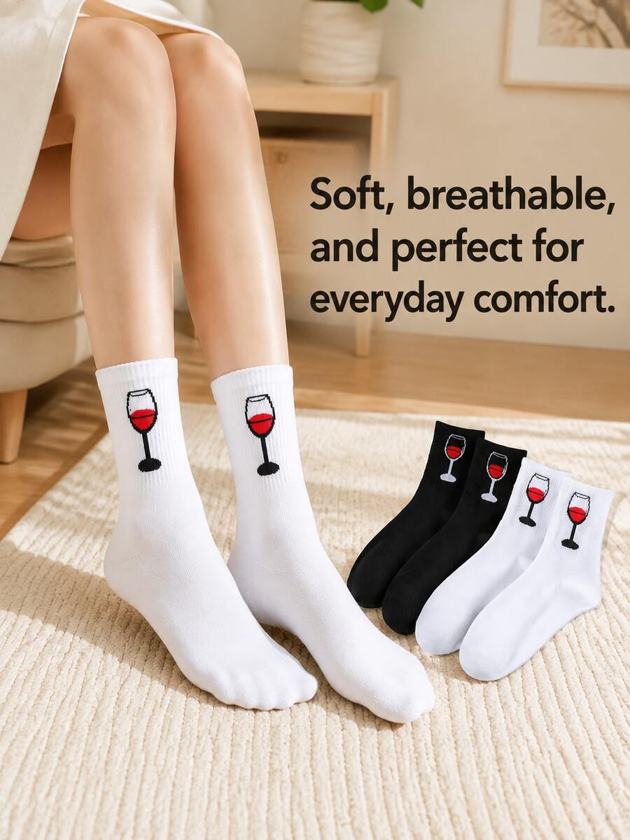 5/10 Pairs Black & White Wine Glass Sports Socks, Autumn/Winter New, Unisex Casual Versatile Socks, Suitable For Daily Wear - Multicolor - View 1