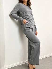Grey Contrast Color Frill Trim Asymmetrical Diagonal Hem Long Sleeve Top & Wide Leg Pants 2 Pieces Set, Minimalist Casual Loungewear Pajama Set - Multicolor - View 3