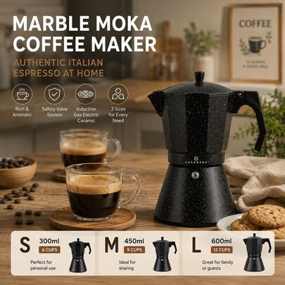 Marble Aluminum Moka Coffee Maker | Espresso Coffee Pot | Induction, Gas & Electric Compatible | 300ml / 450ml / 600ml (6 / 9 / 12 Cups)