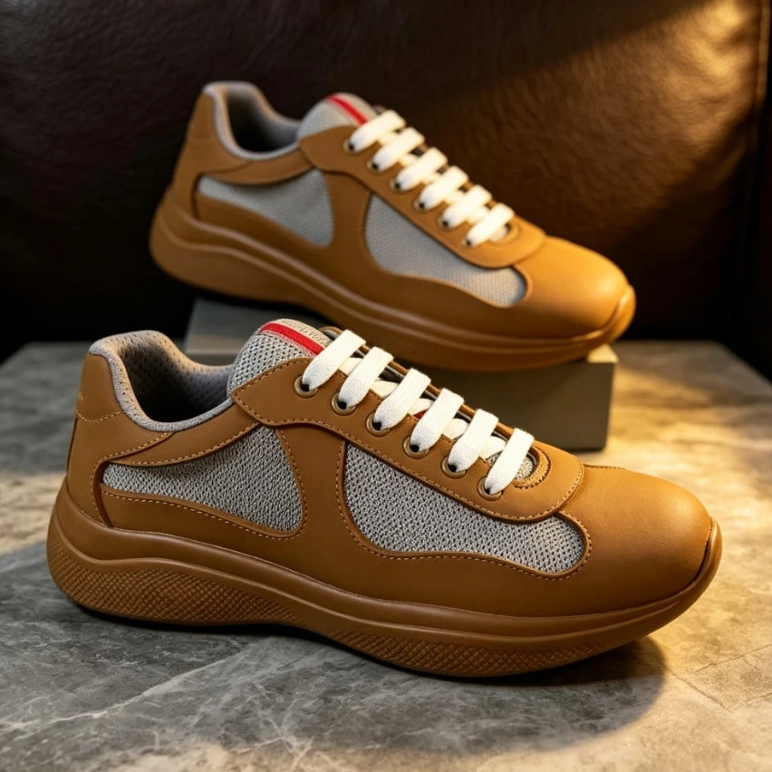 P2.0 Classic Retro Men's Matte/Glossy Mesh Combination Thick-Sole Sneakers, Shock-Absorbing Couple Training Shoes Suitable For Business And Leisure - Yellowish-gray Mesh Frosted - View 1