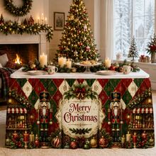 Christmas Table Skirt, Luxury Polyester Table Cover With Nutcracker Soldier, Merry Christmas Lettering, Argyle Pattern, Christmas Ornament And Holiday Garland Design, Elegant Vintage Dinner Party Home Decor - A - View 3