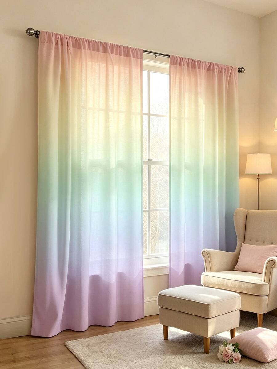 2pcs Dreamy Rainbow Gradient Curtains - Featuring Soft Gradient Design, Single-Sided Print. Made Of Lightweight Translucent Fabric, Perfect For Bedroom, Living Room And Children's Room, Creating A Dreamy And Charming Home Decor. - 2pcs - Gradient Rainbow Curtains - View 1