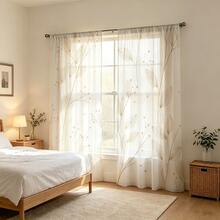 2 pièces Ensemble de rideaux transparents avec motif de feuilles minimaliste, avec motifs de feuilles et de baies brunes, impression 2D, style minimaliste moderne, bonne perméabilité à la lumière, convient pour la chambre à coucher, la salle à manger, la cuisine et le salon - Multicolore - 2 pièces - Voir 1