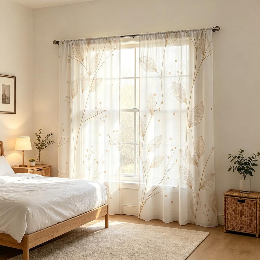2 pièces Ensemble de rideaux transparents avec motif de feuilles minimaliste, avec motifs de feuilles et de baies brunes, impression 2D, style minimaliste moderne, bonne perméabilité à la lumière, convient pour la chambre à coucher, la salle à manger, la cuisine et le salon - Multicolore - 2 pièces - Voir 1