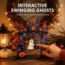 1pc 7.09" Interactive Swinging Ghost Halloween Castle Wooden Decor, 2D Flat Shatter-Proof Interlocking Assembly, Cute Ghost Couple Figurine, Suitable For Tiered Tray And Desktop, Sturdy Holiday Gift - Castle Double Ghost - View 3