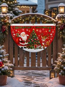 Christmas Santa Claus Reindeer Half-Circle Porch Banner, Christmas Tree Gift Snowflake Hanging Flag, Christmas Window Railing Decoration, Suitable For Front Porch Door Indoor Outdoor Holiday Home Party Decor - E - View 3