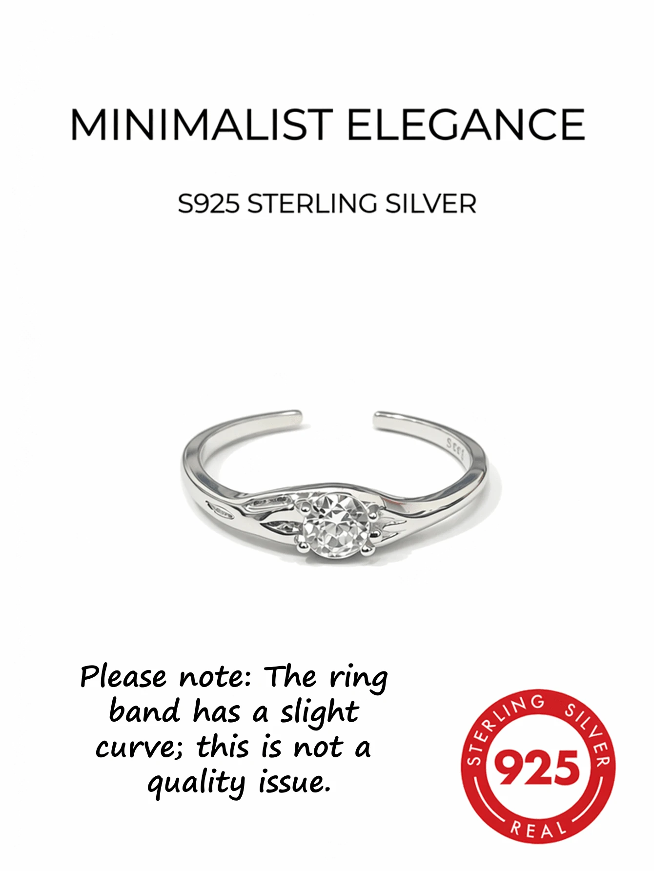 1pc Adjustable Silver Sterling Micro-Inlaid Zirconia Stone Ring, Minimalist & For Women - Silver - View 1
