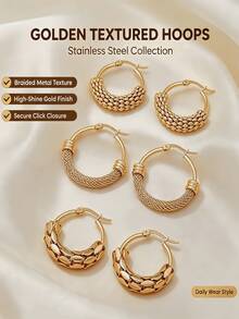3 Pairs Unique Stainless Steel Textured Hoop Earrings - Vintage Bohemian Style Women's Jewelry Accessories - Fashionable, Durable, Hypoallergenic Earrings Set, Classic Design, Women's Earrings, Elegant Earrings, Women's Christmas Earrings, Women's Jewelry Set - Yellow Gold - View 9