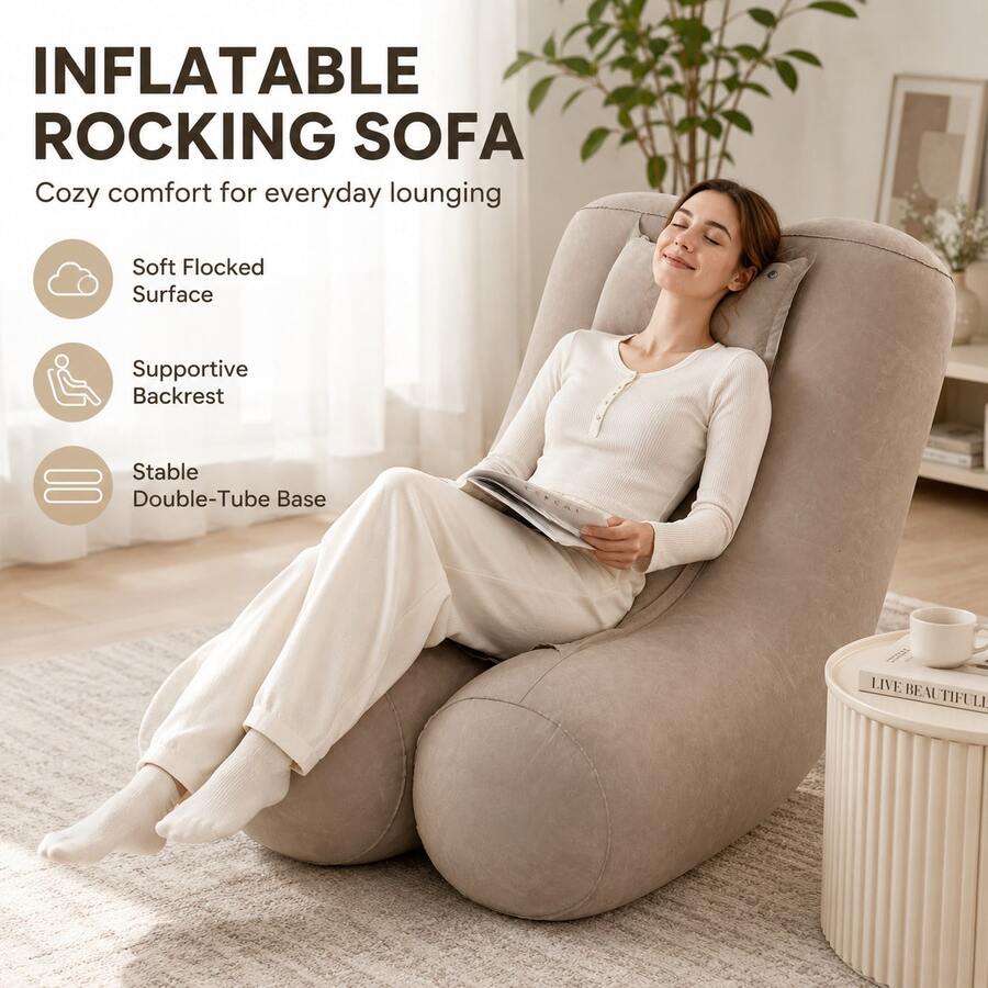 Portable Inflatable Lounge Chair, Soft Flocked High Back Recliner Lazy Sofa, Foldable Single Air Couch For Living Room, Bedroom, Gaming, Camping & Indoor Outdoor Use - A - View 1